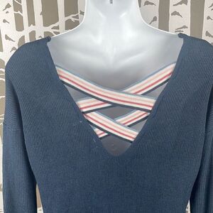 Hippie Rose Navy Blue Ribbed Knit Crossback Detail Sweater sz S
